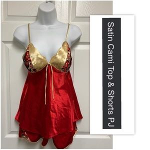 Red and Gold Satin Embroidered Lace Cami And Shorts PJ Set